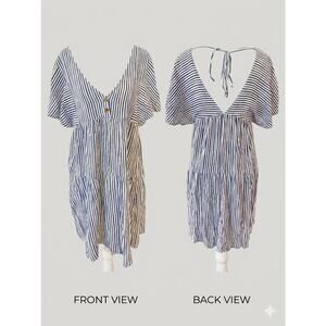 Zara Blue White Striped Tiered Mini Babydoll Dress Tie Open Back beach coverup